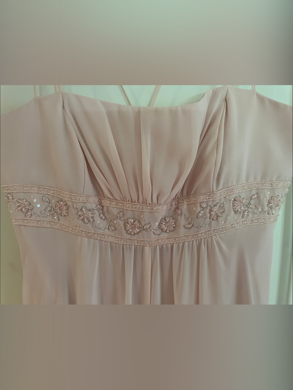 David's Bridal Light Pink Chiffon Empire-Waist Spaghetti Strap Dress & Pashmina - Picture 2 of 5